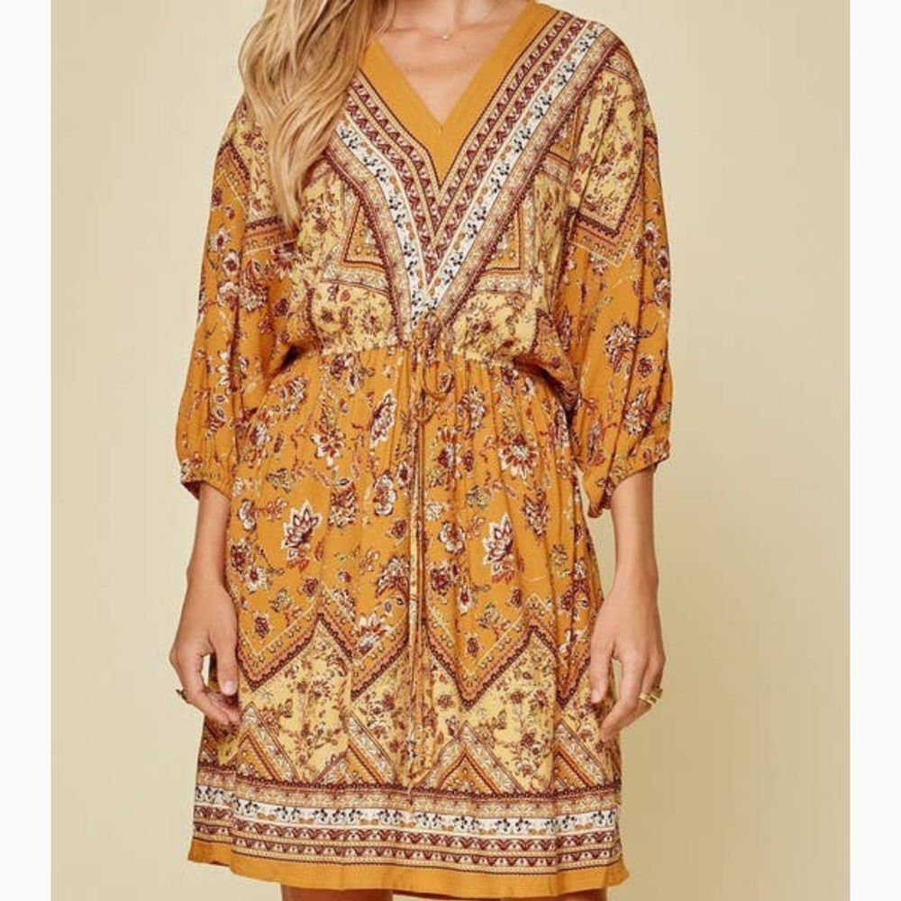 NWT Fit and Flare Print Dress - Mustard